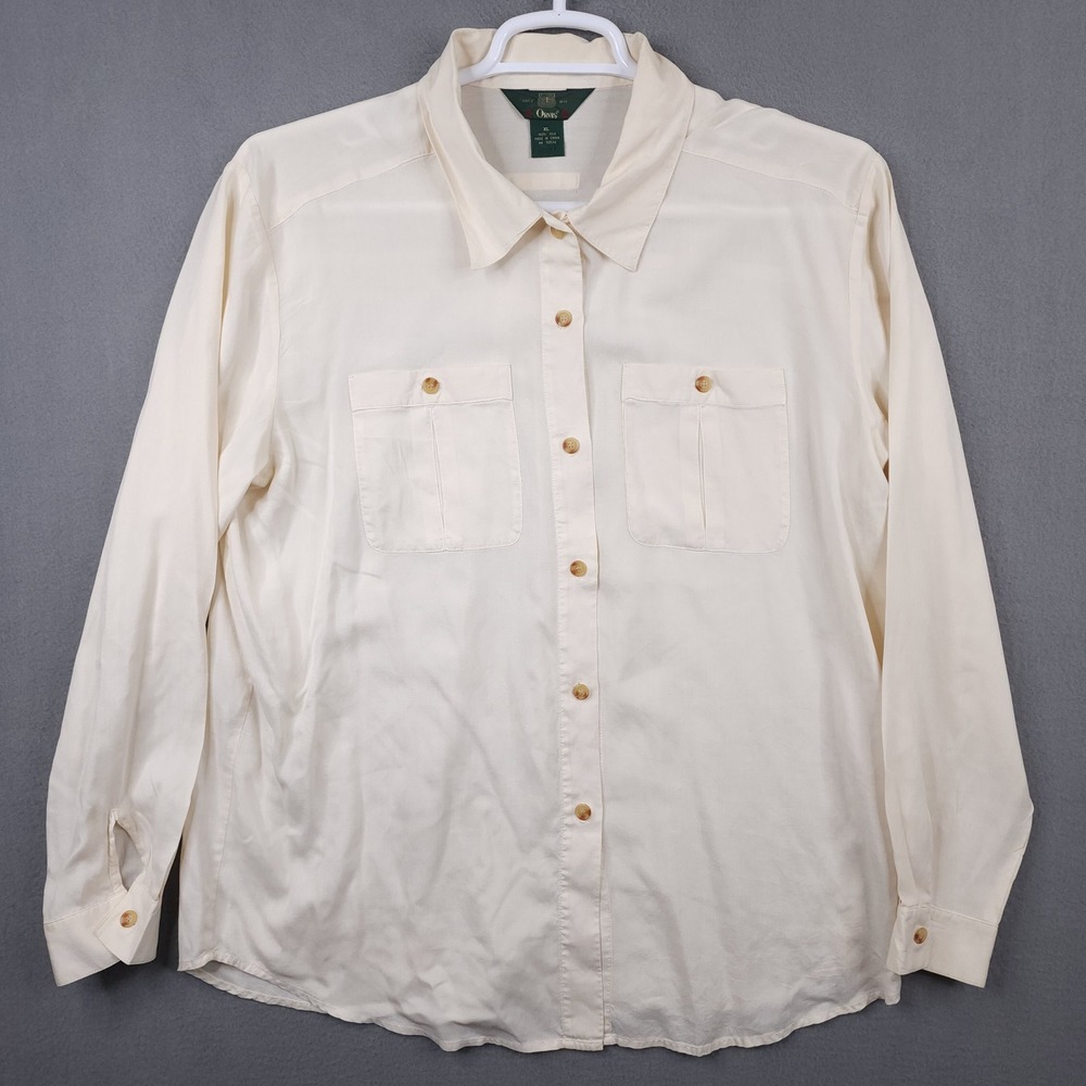 Vintage Orvis Womens XL Ivory 100% Silk Long Sleeve Button Up Shirt Blouse Top